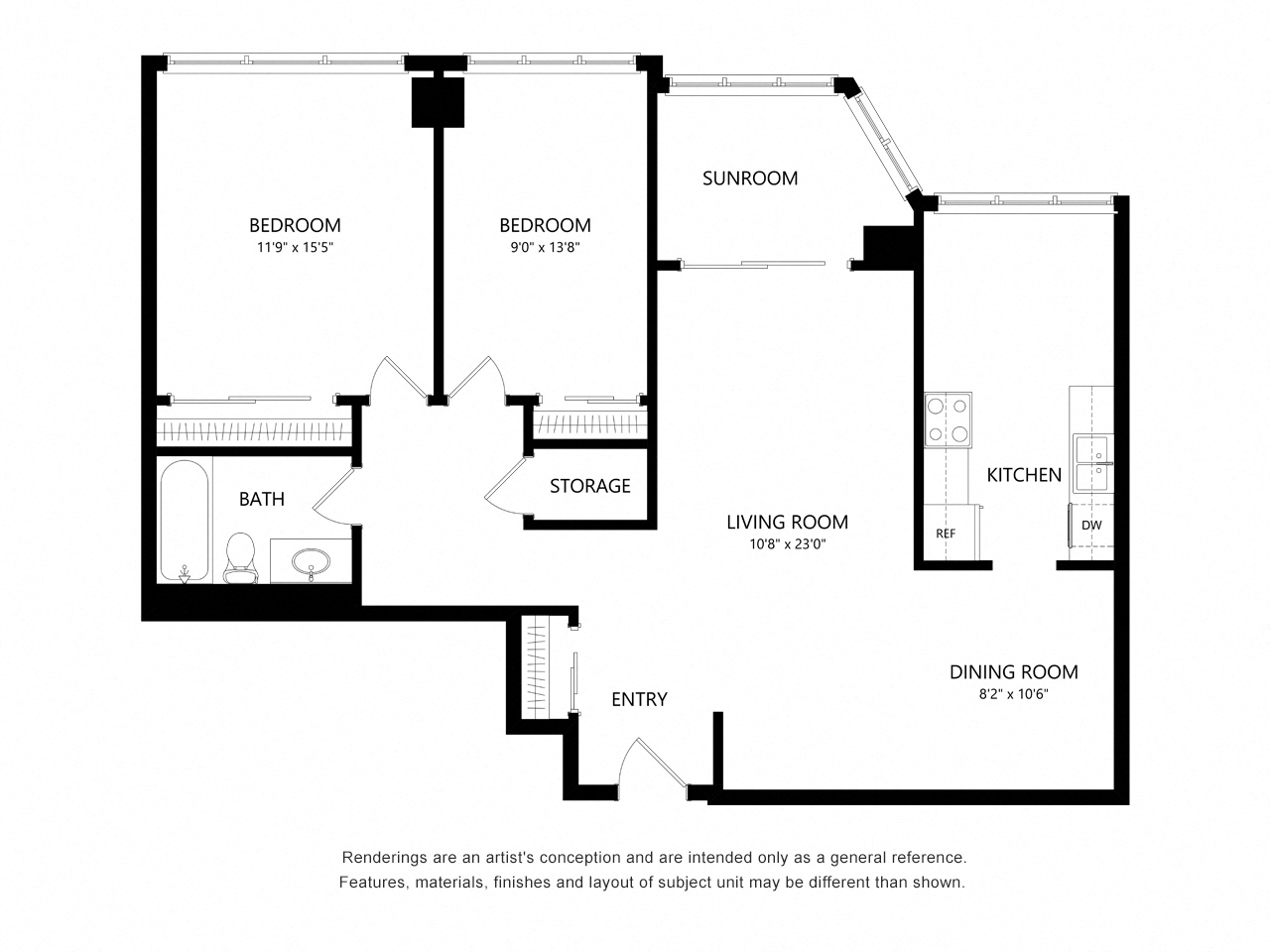 Floor plan for 2 beds, 1 bath, 1005 sqft